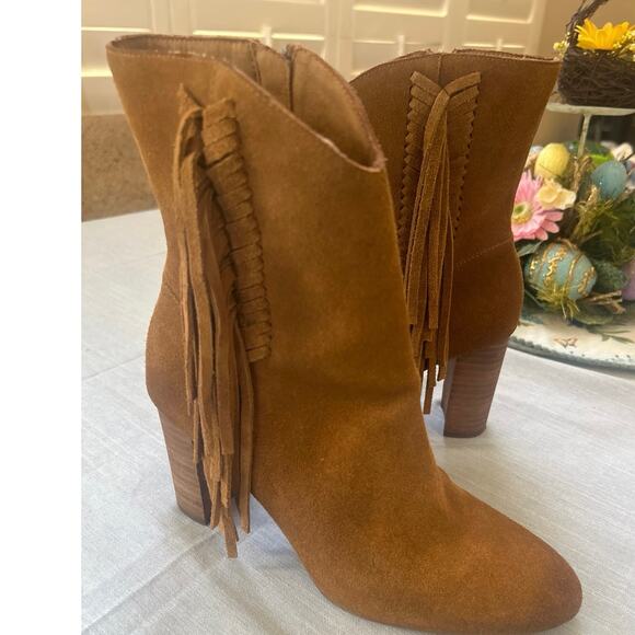 Vtg Charles David Boulder Suede Leather Camel Western Fringe Bootie Boots SZ 7 - Picture 3 of 11